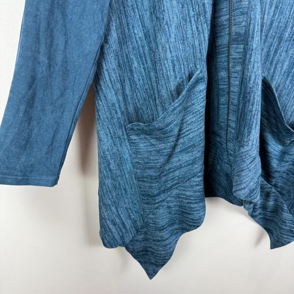 Logo Lori Goldstein Cardigan Women XS Blue Faux Suede Sleeve Asymmetric Relaxed - Picture 5 of 7